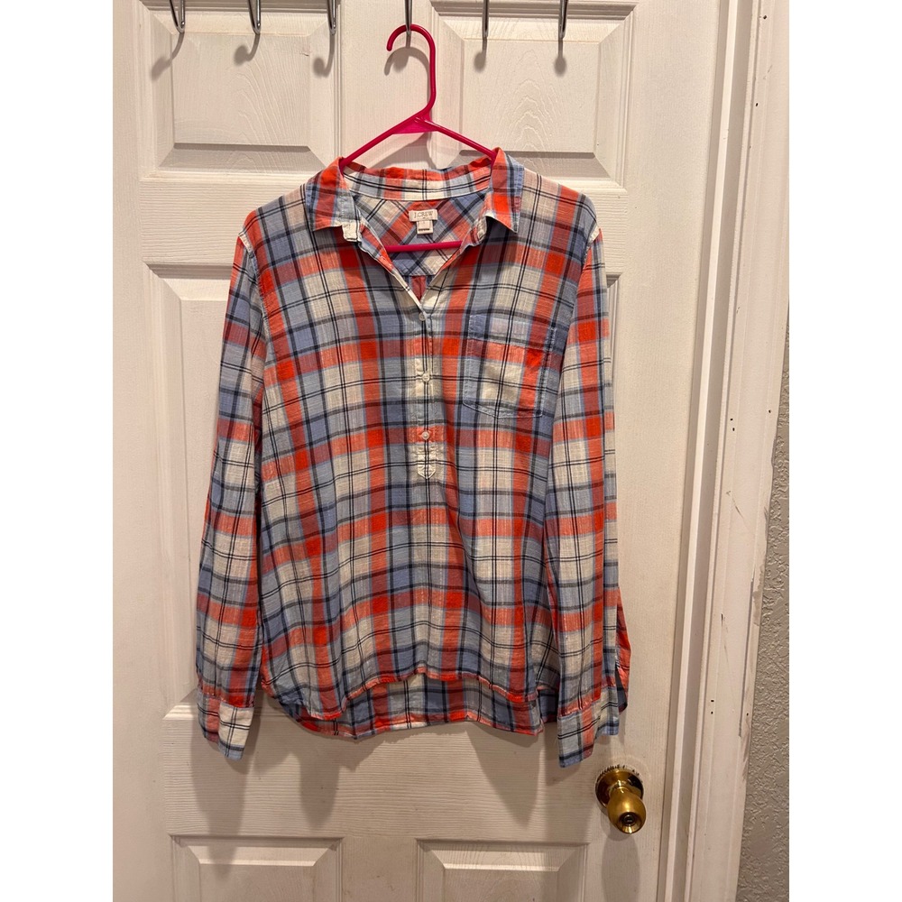 J.Crew Womens Orange Blue Plaid Cotton Popover Henley Shirt Coastal Preppy Large